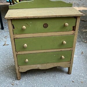 Antique vintage Doll Toy Wooden Painted Dresser with bird design